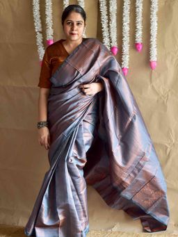Sundarii - Grey Shama Silk Brocade Handloom Saree with Unstitched Blouse