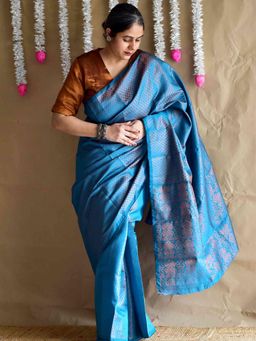 Sundarii - Blue Seerat Silk Brocade Handloom Saree with Unstitched Blouse