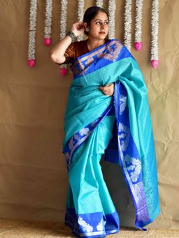 Sundarii - Turquoise Janiya Silk Brocade Handloom Saree with Unstitched Blouse