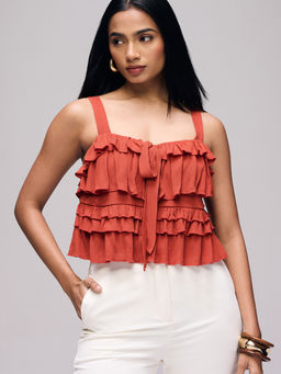 Twenty Dresses by Nykaa Fashion - Rust Ruffled Strappy Front Tie Up Detail Top
