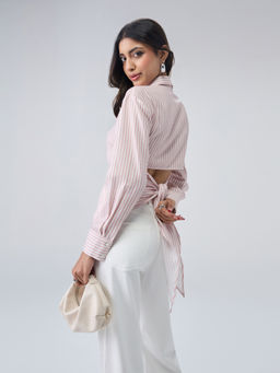Twenty Dresses by Nykaa Fashion - Pink Stripes Collared Full Sleeves Back Tie Up Shirt