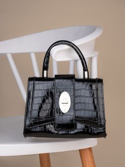 Styli - Women Black Patent Croc Texture Twisted Lock Handbag