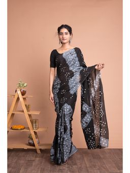 KISHORI - Tie & Dye Bandhej Leheriya Cotton Mulmul Saree with Unstitched Blouse - Black & Grey