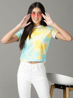 SHOWOFF - Womens Half Sleeves Round Neck Yellow Dyed T-Shirt