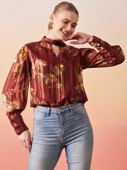 Marie Claire - Women Casual Maroon Colour Choker Neck Floral Regular Top