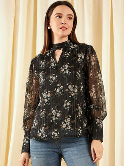 Marie Claire - Women Casual Black Colour Choker Neck Floral Regular Top
