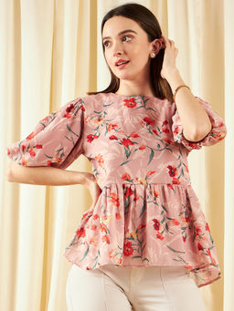Marie Claire - Women Casual Pink Colour Round Neck Floral Peplum Top