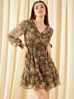 Marie Claire - Women Casual Olive Green Colour Mini Floral Dress