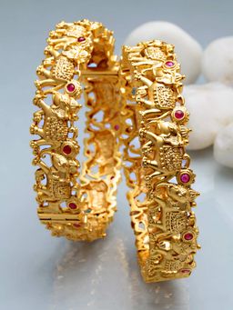 Karatcart - Antique Gold Plated Elephant Shape Rajwadi Temple Bangle Set for Women