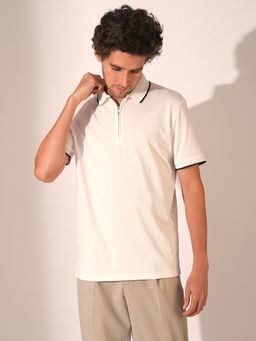 Selected - Men White Zip Detail Polo T-Shirt