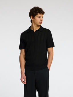 Selected - Men Black Crochet Split Neck Polo