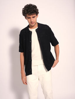 Selected - Men Black Crochet Organic Cotton Polo Shirt