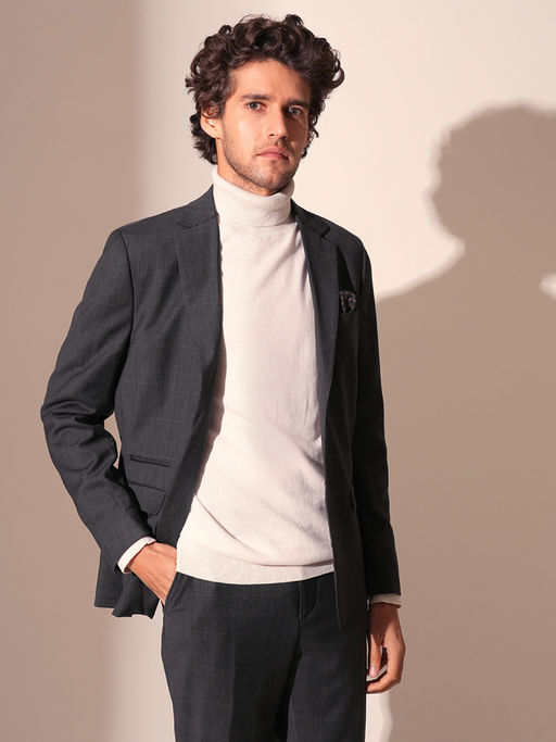 Selected Men Grey Check Print Suit Set Blazer