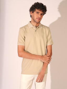 Selected - Men Beige Cotton Polo T-Shirt