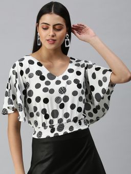 SHOWOFF - Women V-Neck Flare Sleeves Printed White Top