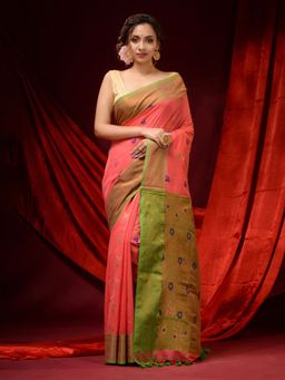 CHARUKRITI - Coral Cotton Handspun Floral Motifs and Zari Designs Saree with Unstitched Blouse