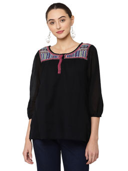 SAVI - Ethnic Motifs Embroidered Cotton Top