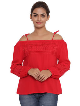 SAVI - Self Design Shoulder Straps Puff Sleeves Bardot Top