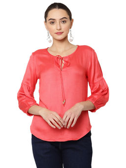 SAVI - Keyhole Neck Cuffed Sleeves Regular Top