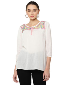 SAVI - Ethnic Motifs Embroidered Cotton Top