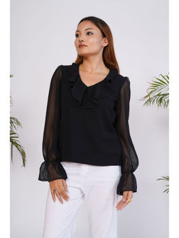 SALVIA SKY - Black Georgette Ruffle Top