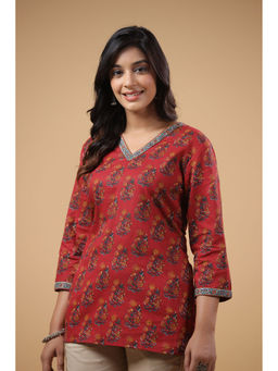 SAVI - Red Cotton Floral Printed Top