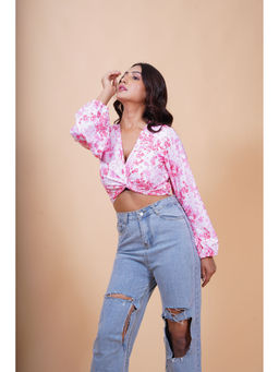 SALVIA SKY - White and Pink Floral Twisted Crop Top