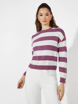 Styli - Women Purple Regular Length Broad Stripe Sweater