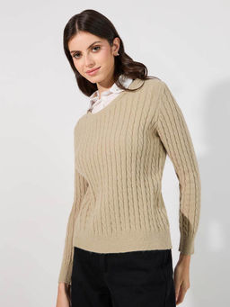 Styli - Women Beige Woven Collar Knitted Sweater