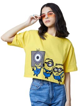 The Souled Store - Minions Yellow Stay Weird Stay Happy Oversized Cropped T-Shirt for Women