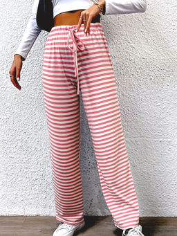Oh Rare - Women Striped Straight Regular Fit Mid-Rise Pleated Pink Trousers