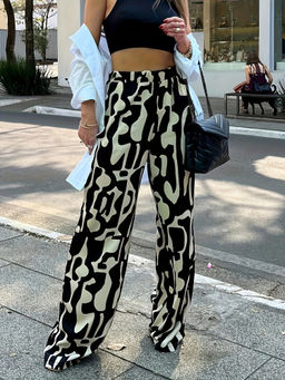 Oh Rare - Women Abstract Printed Straight Loose Fit Black Trousers