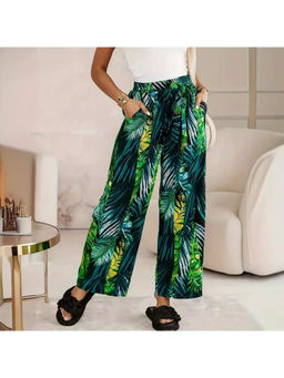 Oh Rare - Women Leaf Printed Straight Regular Fit Pleated Green Trousers