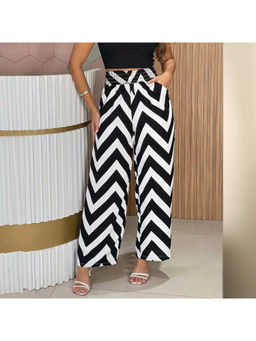 Oh Rare - Women Striped Straight Regular Fit Mid-Rise Wide Leg Black Trousers