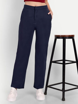 BROADSTAR - Solid Straight Regular Fit Cotton High-Rise Navy Blue Trouser