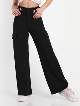 BROADSTAR - Solid Straight Regular Fit High-Rise Stretchable Black Trouser