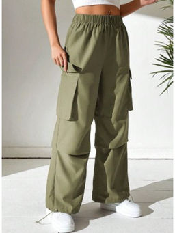 BROADSTAR - Solid Wide Regular Fit High-Rise Cargos Parachute Green Pant