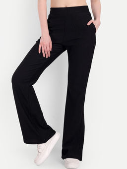BROADSTAR - Textured High-Rise Stretchable Regular Fit Bootcut Corduroy Black Trouser