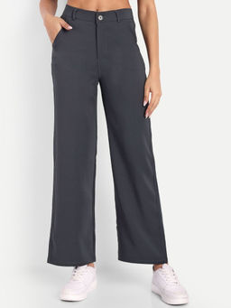 BROADSTAR - Women Solid Smart Straight Regular Fit High-Rise Pleated Grey Trouser