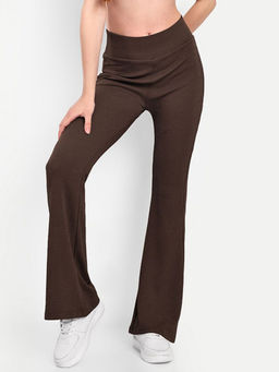 BROADSTAR - Textured Flared Regular Fit High-Rise Brown Trouser