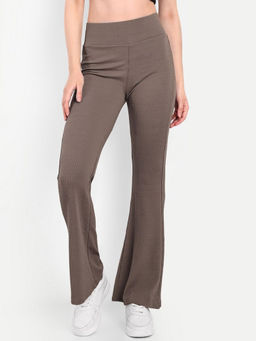 BROADSTAR - Textured Flared Regular Fit Flared High-Rise Brown Trouser