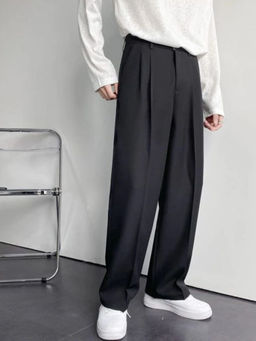 BROADSTAR - Women Solid Straight Tailored Fit Pleated Korean Black Pants