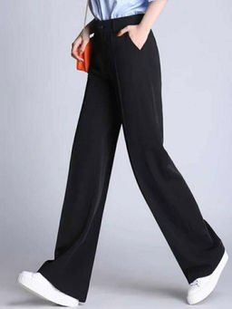 BROADSTAR - Women Solid Straight Regular Fit Pleated Korean Black Pants