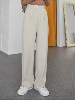 BROADSTAR - Solid Straight Regular Fit High-Rise Pleated Beige Trouser