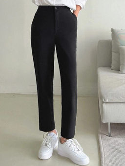 BROADSTAR - Women Textured Straight Regular Fit Pleated Korean Black Pants