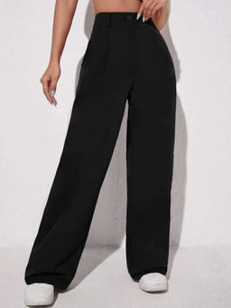 BROADSTAR - Women Solid Straight Regular Fit Pleated Korean Black Pants