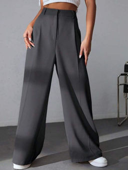BROADSTAR - Women Solid Wide Tailored Fit Pleated Korean Grey Pants