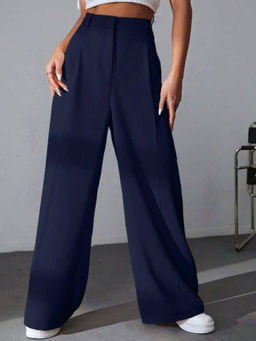BROADSTAR - Women Solid Wide Tailored Fit Pleated Korean Navy Blue Pants