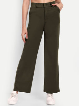 BROADSTAR - Women Solid Straight Smart Regular Fit High-Rise Olive Trouser
