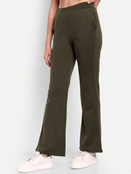 BROADSTAR - Solid Regular Fit Flared High-Rise Lyocell Boot Cut Olive Trouser